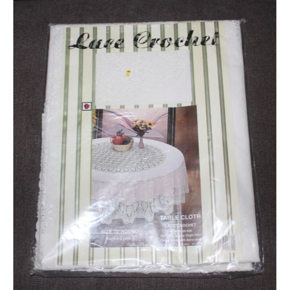 Lace Crochet Vinyl Tablecloth Size 70" Round Seats 4-6